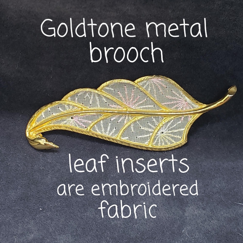 Brooch, Leaf, goldtone and fabric